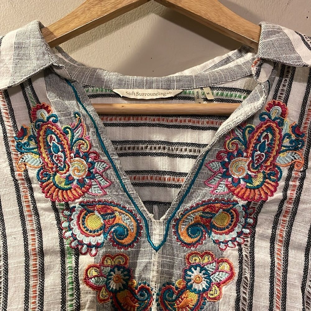 Soft Surroundings White Striped Tunic with Multicolor Embroidery
